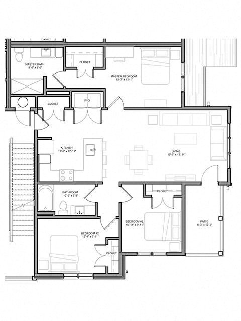 Floor plan for 3 beds, 2 baths, 1254 sqft
